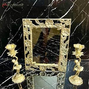 آینه و شمعدان آلومینیومی کد 22 طرح گل یاس برجسته طلایی رنگ