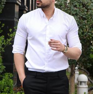 پیراهن سفید مردانه دکمه مخفی پارچه ساتن کش تولید مجموعه اورجینال دیلم