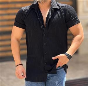 پیراهن آستین کوتاه مشکی یقه انگلیسی پارچه فول کش و عالی