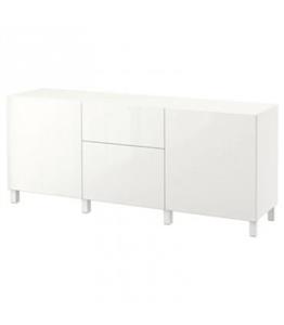بوفه ایکیا مدل BESTA با درب Selsviken/Stubbarp عرض 180 سانتیمتر مکانیزم درب آرام بند رنگ سفید مات/هایگلاس سفید