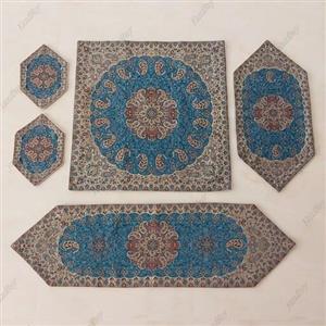 رومیزی ترمه ست 5 تکه طرح نسترن جدید رنگ آبی با کیفیت عالی