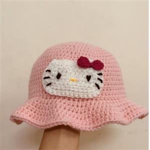 کلاه باکت هت صورتی رنگ بافتنی هلو کیتی چین دار