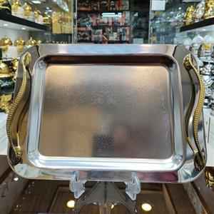 سینی استیل پذیرایی مستطیل متوسط دسته طلایی برند (تایسیز)