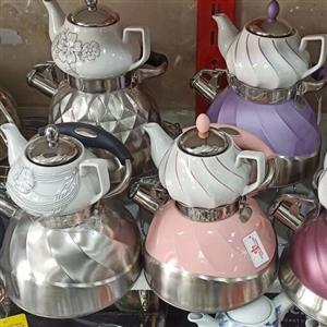 کتری قوری سوتی کف چدن رنگی و استیل کتری و قوری لعابی دسته طلایی هوم لوکس ترکیه 900لوازم خانگی کمالی مشهد