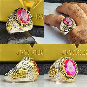 انگشتر توپاز صورتی اصلی مخراجکاری یاقوت کبود سنتاتیکرکاب فیلی چنگی عیار نقره 925