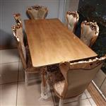 میز نهارخوری،میز و صندلی مدل سلطنت، ترکیب 6 نفره،پارچه دیاموند،پایه چوب رزین،صفحه ام دی اف