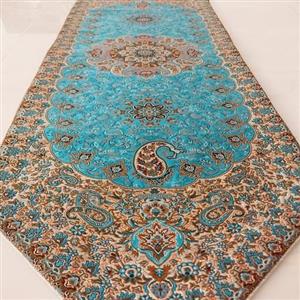 رانر رومیزی ترمه طرح نسترن جدید رنگ آبی فیروزه ای با کیفیت عالی