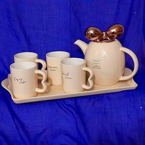 ست چایخوری سرامیکی مدلhapy life باقوری پاپیون دار و4 عدد لیوان ویکعدد سینی سرامیکی