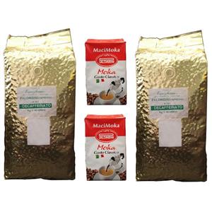 دانه قهوه پالومبینی مدل DECAFFEINATO بسته دو عددی به همراه پودر قهوه مدل MaciMoka بسته دو عددی 