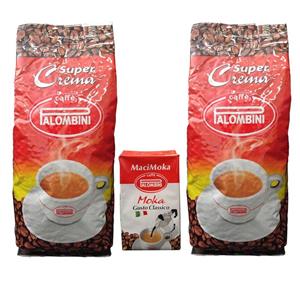 دانه قهوه پالومبینی مدل Super Creama بسته دو عددی به همراه پودر اسیاب شده MaciMOKA 