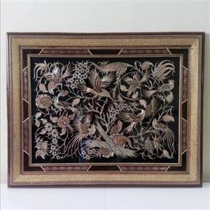 تابلو خاتمکاری طرح ترنج با پلاک قلم زنی طرح گل و مرغ 899 