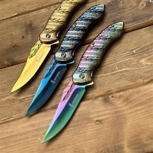 چاقو تاشو برونینگ طرح پر سه بعدی هفت رنگ طلایی آبی ضد زنگ سفری