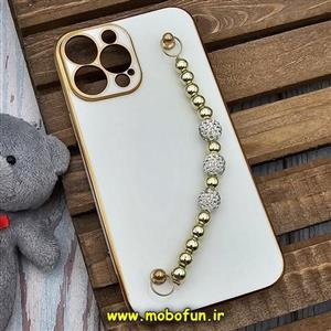 قاب گوشی iPhone 13 Pro Max آیفون طرح مای کیس گلد لاین لاکچری دستبندی نگین دار مرواریدی سفید کد 600