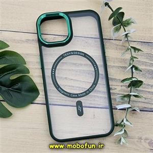 قاب گوشی iPhone 13 - iPhone 14 آیفون اورجینال متال کیس Metal فلزی طرح پشت طلق شفاف مگ سیف دار دور سیلیکونی سبز تیره کد 502