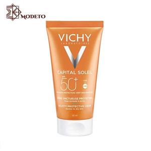 کرم ضدآفتاب بی رنگ ویشی spf 50 مدل velvety protective مناسب پوست های نرمال تا خشک حجم 50 میلی لیتر