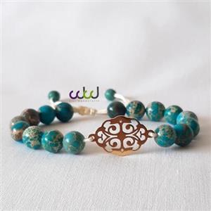 دستبند سنگ فیروزه و پلاک استیل طرح اسلیمی 3