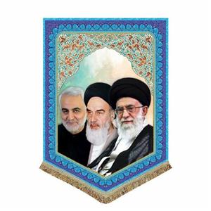 پرچم مخمل امام خمینی و امام خامنه ای و شهید قاسم سلیمانی سایز50.70کتیبه امام و آقا و حاج قاسم همراه با ریشه دوزی
