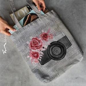 ساک خرید طرح دوربین عکاسی 3 - جنس مخمل پورش-قابل شستشو- بدون زیپ و آستری