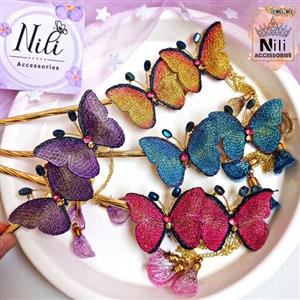گیره موی ژاپنی زنانه فلزی کانزاشی طرح پروانه مخملی رنگی آویزدار وارداتی رنگ طلایی