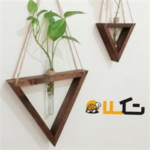 شلف چوبی مثلثی دوتایی همراه باشیشه گلدان شلف دیواری آویز
