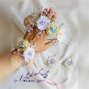 ریسه مو ست سه تیکه شیک تاج گل گوشواره و دستبند تاج گل چند رنگ تاج گل تولد تاج عروس ریسه مو تل 