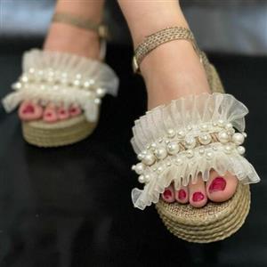 صندل کنفی لژدار زنانه دخترانه کفش لژ دار پاشنه بلند حصیری حصیر کنف مجلسی شیک سبک روفرشی دمپایی مروارید رکابدار مرواریدی