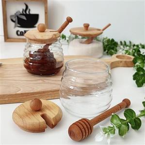 عسل خوری شیشه ای درب چوبی قاشق دار