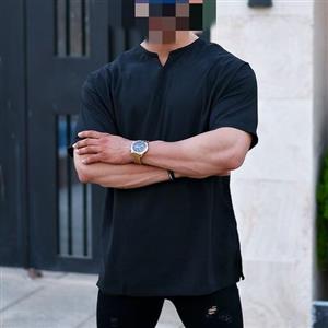 تیشرت مردانه یقه کوبایی مشکی جنس پارچه پوپلین سایزبندی L XL 2XL