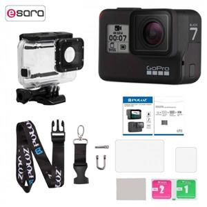 دوربین فیلم برداری ورزشی گوپرو مدل HERO7 Black Quick Stories به همراه کاور ضد آب لمسی و بندآویز و محفظ صفحه و لنز پلوز