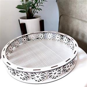 سینی فینگر فود طرح گلبرگ سایز(قطر) 30وارتفاع5سانت ام دی اف در جه 1رنگ سفید با بافت چوب(طرح لارکس)