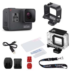 مجموعه دوربین فیلم برداری ورزشی گوپرو مدل HERO6 Black  همراه با قاب ضد آب و بند آویز پلوز