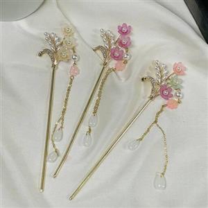 گیره مو کانزاشی زنانه آویزدار طرح گندم و گل سایز بزرگ