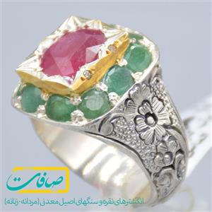 انگشتر چند نگین شامل یاقوت قرمز، زمرد و دارای 4 عدد الماس مردانه مردانه «کد 2834»