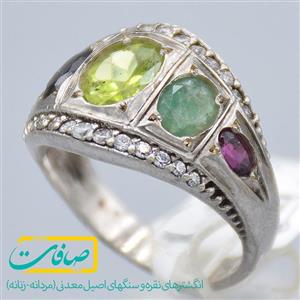 انگشتر چند نگین شامل زبرجد، زمرد، یاقوت، توپاز صورتی و سبز مردانه «کد 2851»