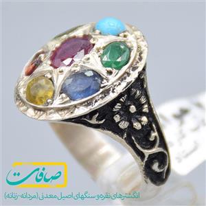 انگشتر چند نگین شامل یاقوت، زمرد، زبرجد و فیروزه مردانه «کد2821»
