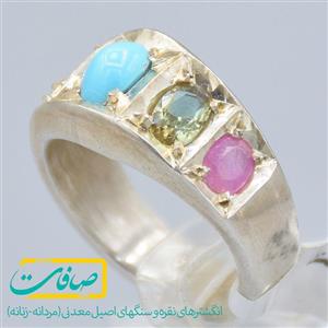 انگشتر چند نگین شامل فیروزه، الکساندرایت، یاقوت قرمز، زمرد و زبرجد مردانه «کد 2832»