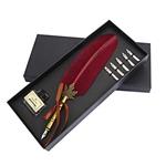 Feather Quill Dip Pen Ink Set -Antique Dip Feather Pen Set Calligraphy Pen Set Writing Quill Ink Dip Pen with 5 Metal nibs (Wine Red)