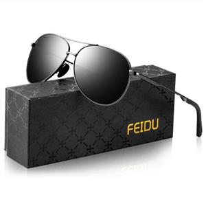 FEIDU Mens Polarized Aviator Sunglasses Metal Frame Unisex Sun Glasses FD9001 (Black/Gun, 2.08)