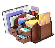PAG Office Supplies Wood Desk Organizer Pen Mail Holder Accessories Storage Caddy with 3 Drawers, 10 Compartments, Brown