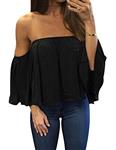 Womens Summer Off Shoulder Chiffon Blouses Short Sleeves Sexy Tops Shirt Fashion Casual Ruffles Solid Loose Fit Blouses T Shirt (S, Black)