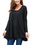 Floral Find Women Long Sleeve Blouse Layered Scoop Neck Tunic Loose Fit Dress (X-Large, Black)