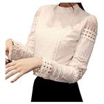 Smile Fish Women Hollow Out Back Zipper Lace Long Sleeve Elagent Blouse, White, US 2/Tag Size M 