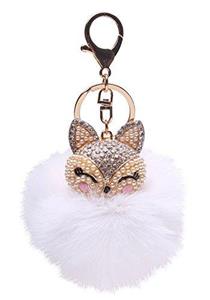 Generic Real Fox Fur Ball with Artificial Fox Head Inlay Pearl Rhinestone Key Chain for Womens Bag or Cellphone or Car Pendant (White)