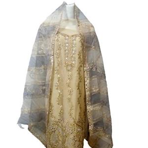 لباس هندی مجلسی، کرم رنگ، سه تیکه نیمه دوخته شامل پیراهن، شلوار و شال