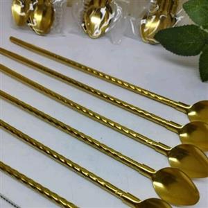 قاشق نی دار طلایی 6تایی شربت استیل وارداتی طرح پیچ رنگ ثابت