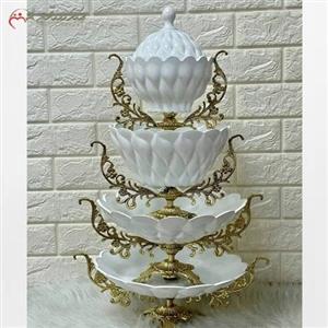 ظروف چهار تکه سرامیکی و پایه برنزی رنگ ثابت شامل شیرینی خوری و میوه خوری و اجیل خوری و شکلات خوری