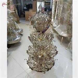 ظروف چهار تکه کریستالی شامل آجیل خوری شیرینی خوری و میوه خوری شکلات خوری، پایه برنزی و رنگ آنتیک