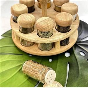 ست جا ادویه 8 تایی  گردان تخت چوبی یونیک