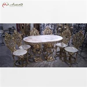 میز ناهار خوری 6 نفره مدل سلطنتی بدنه برنزی رنگ ثابت و رویه سنگ مرمر درجه یک