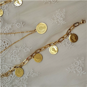 دستبند و گردنبند سکه الیزابت ترند و شیک استیل طرح طلا در رنگ های طلایی و نقره ای کد ۳۵۱۱ 